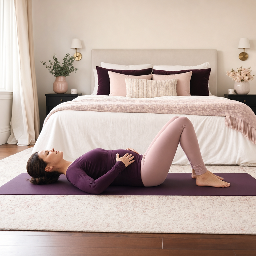 Mum doing a core-safe postpartum belly exercise