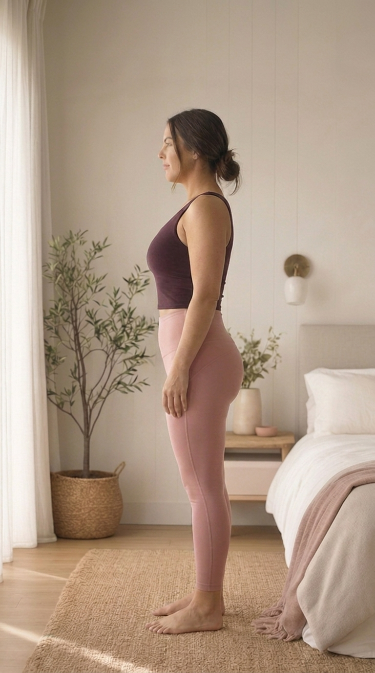 Mum standing tall, lower belly drawn in after apron belly protocol