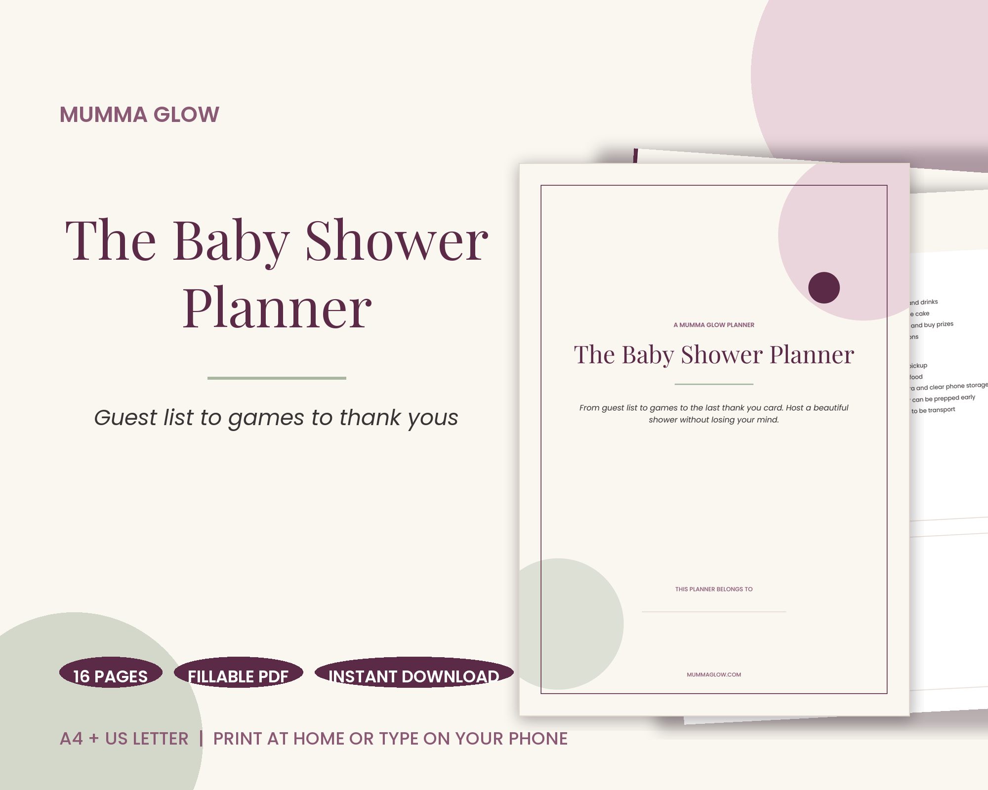 Mumma Glow Baby Shower Planner fillable PDF