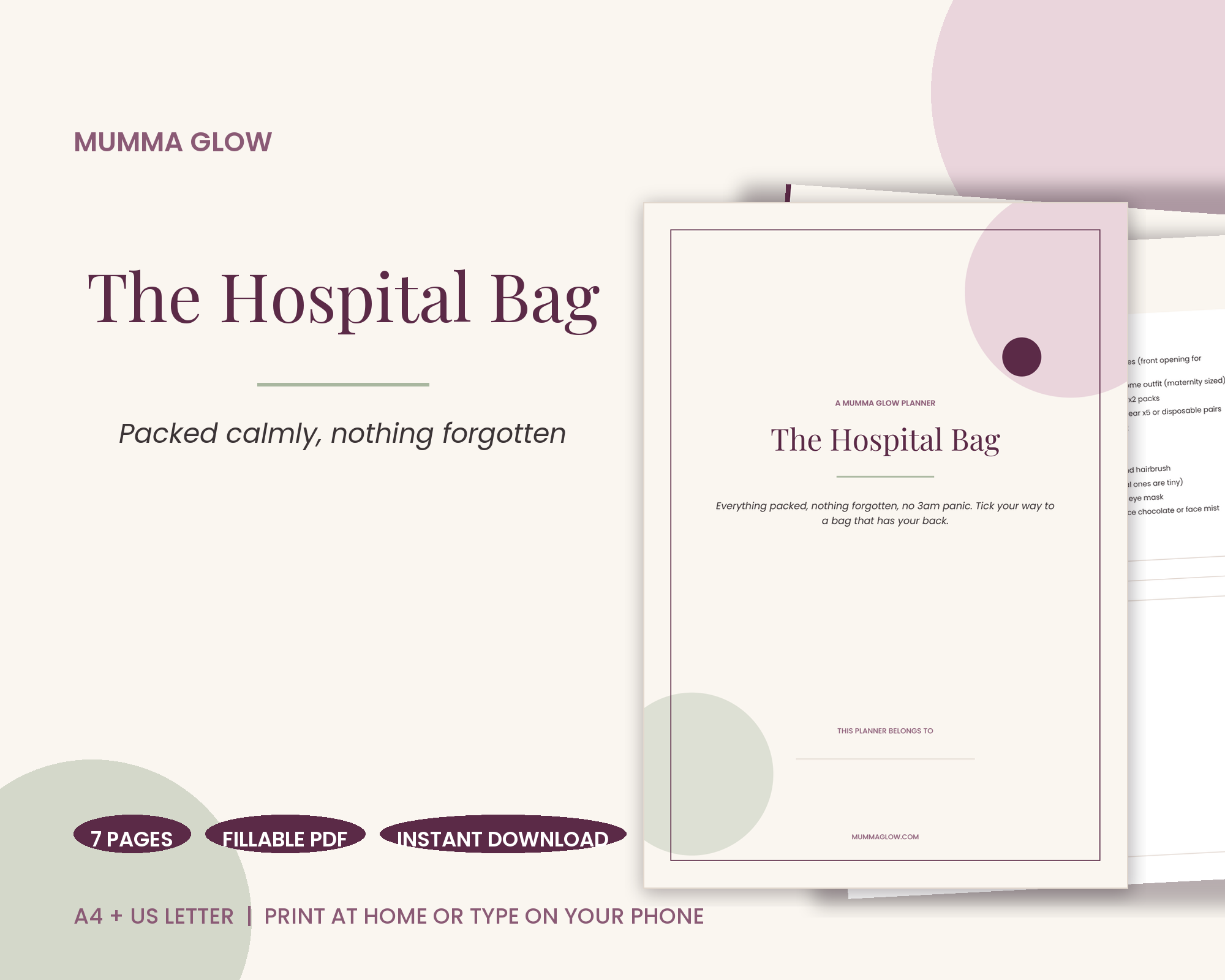 Mumma Glow Hospital Bag Checklist fillable PDF