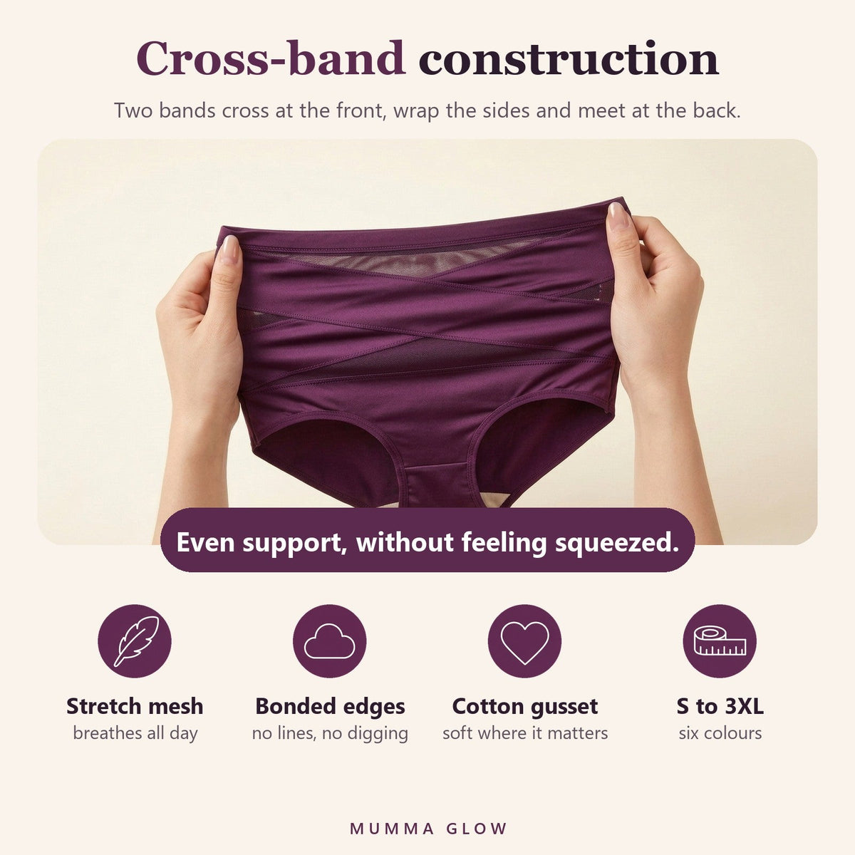 Cross-band construction close up: stretch mesh, bonded edges, cotton gusset