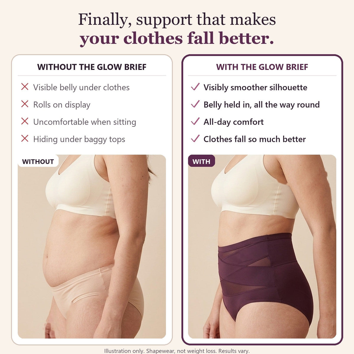 Without and with The Glow Brief: visibly smoother silhouette, belly held in all the way round