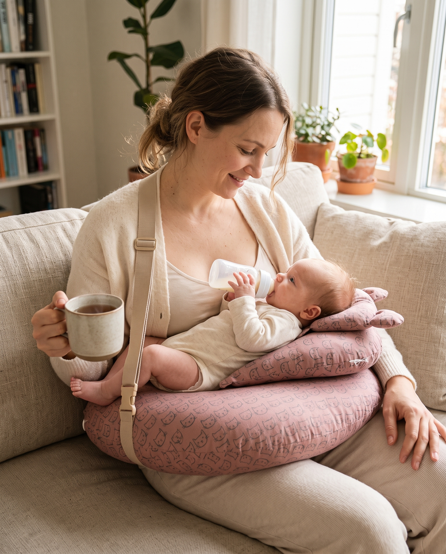 Mum on the couch feeding with the Glow Nest, holding a mug